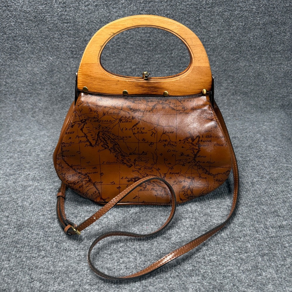 Patricia Nash Mirabella Wood Frame Bag Brown Leather Signature Map Riot Rust